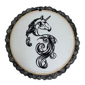 Unicorn Embroidery Wall Art Hanging Bamboo Hoop 11" Handmade New